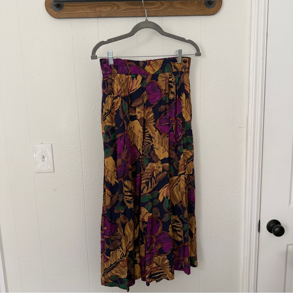 Renee Adams Vintage Flowy Wide Leg Pants M Purple Gold Floral Hawaiian Maxi